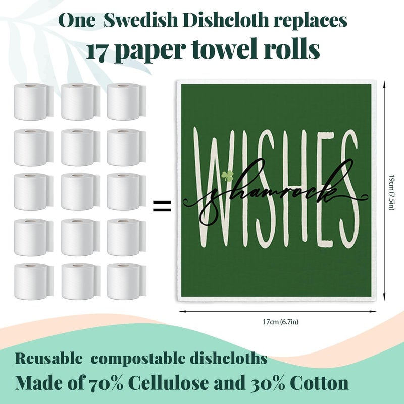 LARTSFRO Lucky Wishes Green Swedish Dishcloths for Kitchen, Swedish Dish Cloths for Four-Leaf Clover, 4 Pack Dish Towels for Kitchen, Papaya Reusable Paper Towels Washable - Image 2